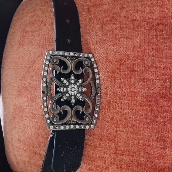 Bonded leather belt embellished buckle rhinestones rectangular brown silver M - Picture 1 of 8